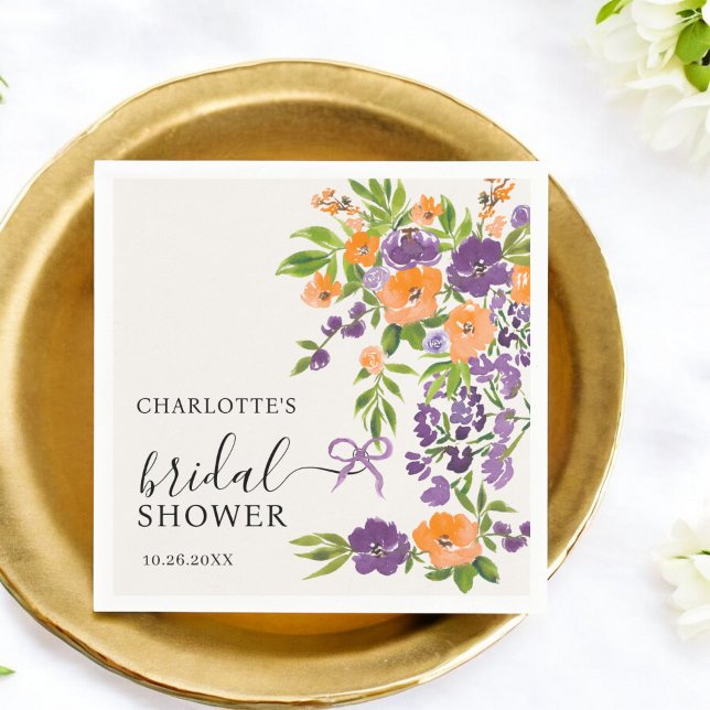 Servilleta De Papel Naranja Pintado A Mano Floral Bridal Shower (Hand Painted Purple Orange Floral Bridal Shower Napkins)