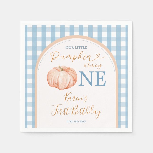 Servilleta De Papel Naranja Pumpkin Boho Blue Gingham Primer cumpleaño (Anverso)