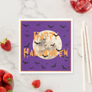 Servilleta De Papel Naranja púrpura Feliz Halloween Bats Moon