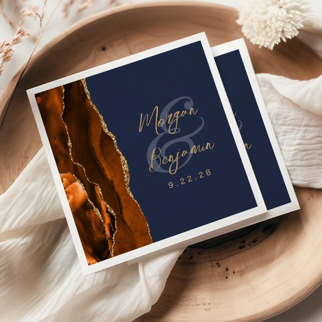Servilleta De Papel Naranja quemado Agate Gold Script Boda Azul de la  (Subido por el creador)