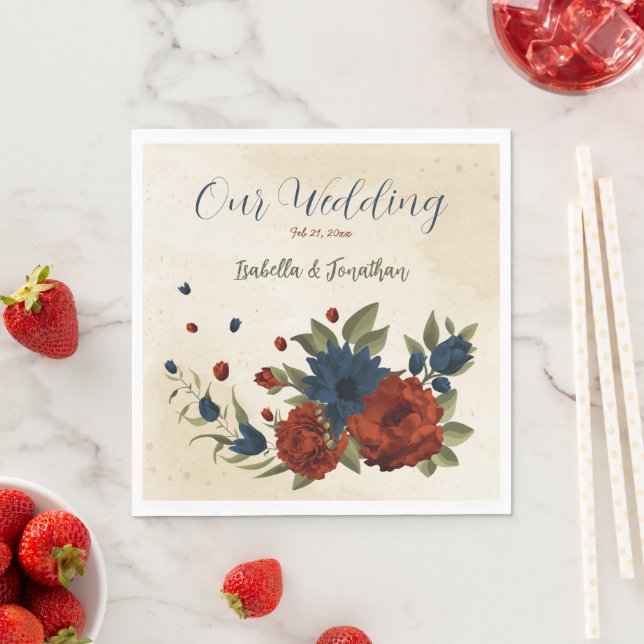 Servilleta De Papel naranja quemado y floral azul marino (In situ)