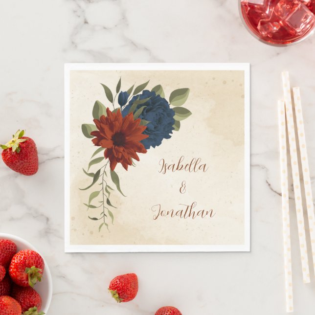 Servilleta De Papel naranja quemado y floral azul marino (In situ)