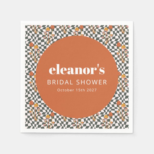 Servilleta De Papel Naranja Retro Checker Champiñón Ducha de Novia Per (Anverso)
