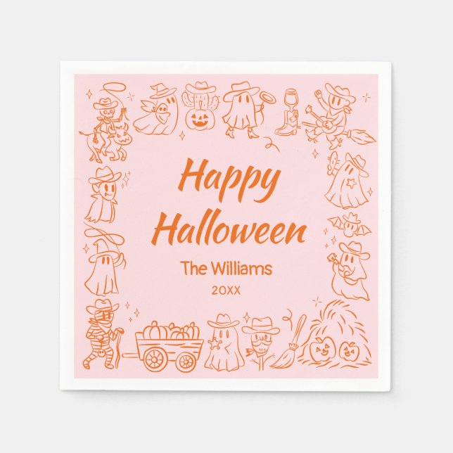 Servilleta De Papel Naranja Rosa Quirky mano dibujó doodles Halloween (Anverso)