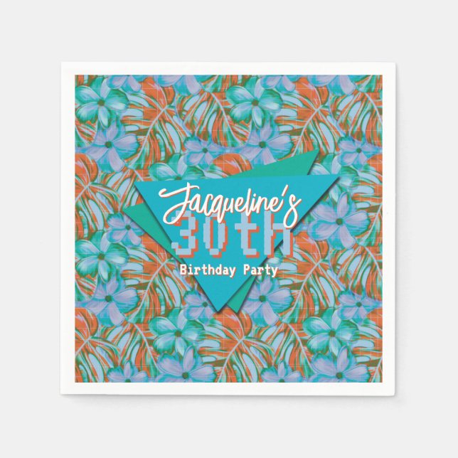 Servilleta De Papel Naranja Tropical y Cumpleaños Floral Azul (Anverso)