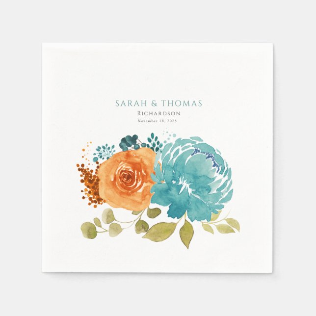 Servilleta De Papel Naranja verde azulado Terracotta Boho Floral (Anverso)