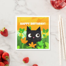 Naranja Verde Floral Gato Negro Cumpleaños