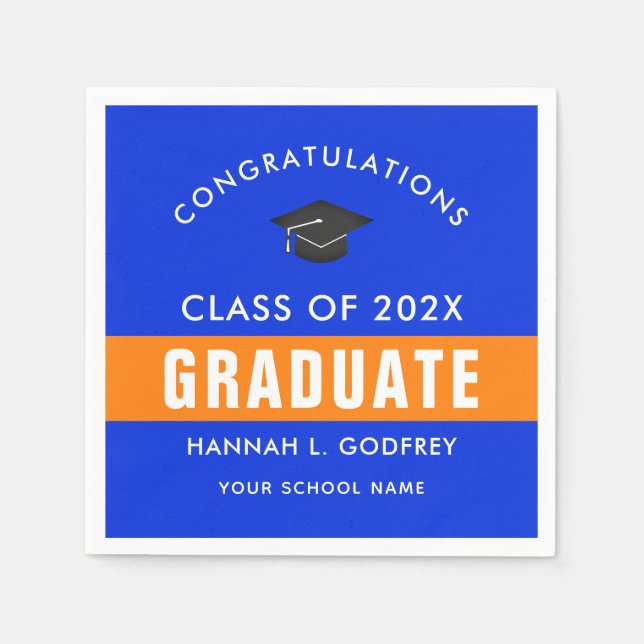 Servilleta De Papel Naranja y Personalizado de Graduación Azul (Anverso)