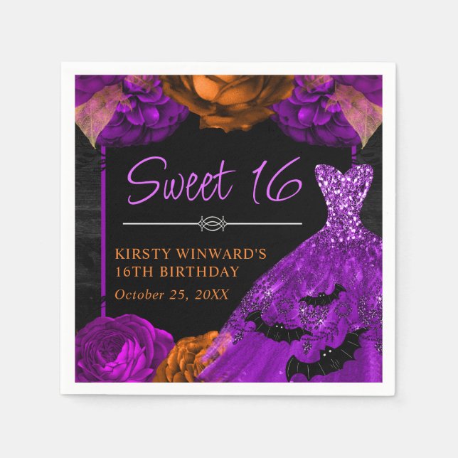 Servilleta De Papel Naranja y vestido morado floral Halloween Dulce 16 (Anverso)