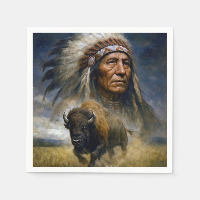 Servilleta De Papel Native American Chief with Charging Buffalo (Anverso)