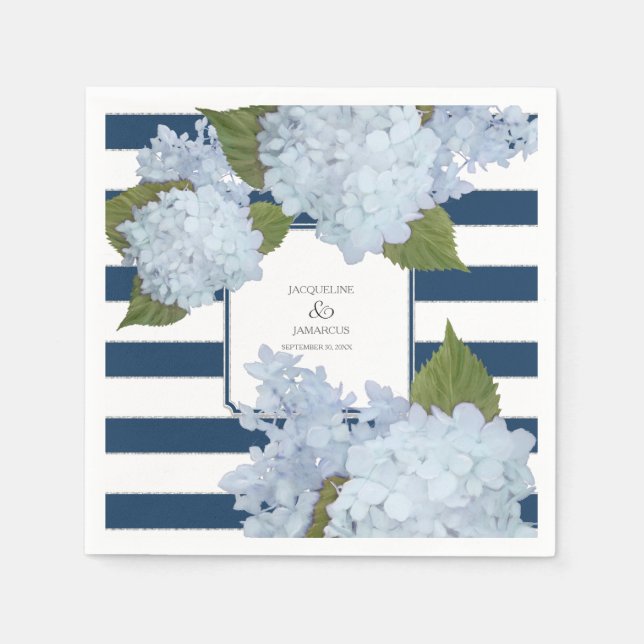 Servilleta De Papel Náutica Azul Blanco Tirado Hidrangea Floral (Anverso)
