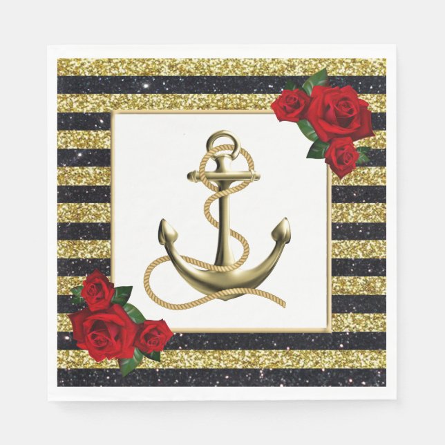 Servilleta De Papel Nautical Anchor Oro Bandas Negras Bodas Napkins (Anverso)