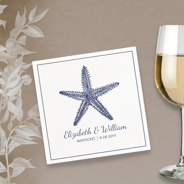 Servilleta De Papel Nautical Beach Wedding Rustic Navy Blue Starfish (Subido por el creador)