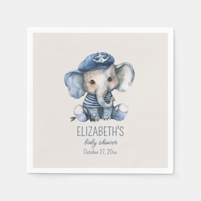 Servilleta De Papel Nautical Blue Baby Elephant Baby Shower (Anverso)