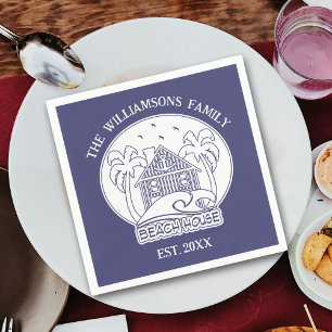 Servilleta De Papel Nautical Blue Beach House White Family Name Anchor