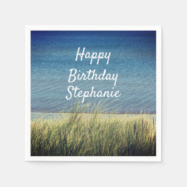 Servilleta De Papel Nautical Blue Happy Birthday Beach Landscape (Anverso)