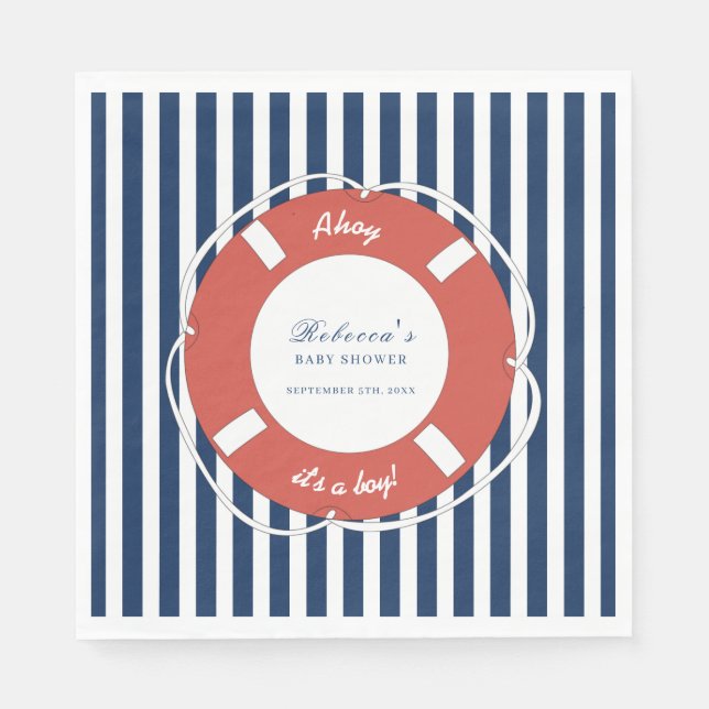 Servilleta De Papel Nautical Blue Stried Baby Shower Boy (Anverso)