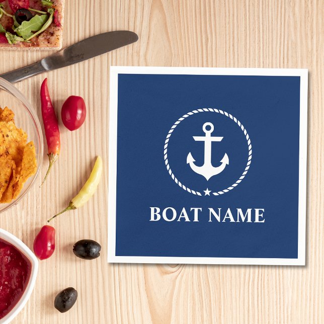 Servilleta De Papel Nautical Boat Name Anchor Rope Navy Blue (Customize to change background color, text size or text style. )