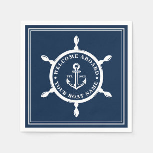 Servilleta De Papel Nautical Boat Name Anchor Wheel Navy Blue