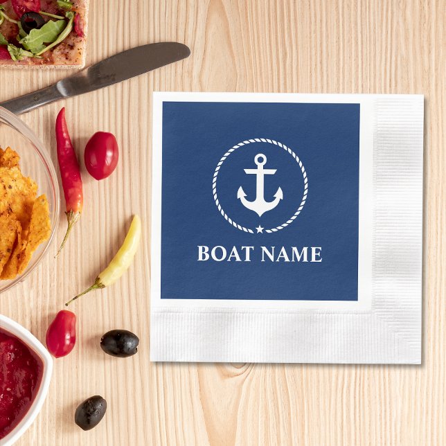 Servilleta De Papel Nautical Bote Name Anchor Rope Navy Cocktail Azul (Customize to change background color, text size or text style. )