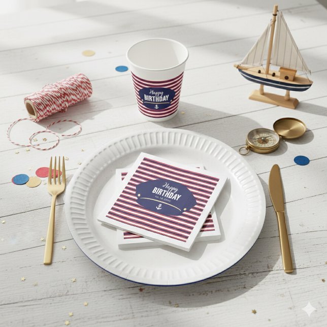 Servilleta De Papel Nautical Captain Hat Birthday Navy & Red Stripes K (Subido por el creador)