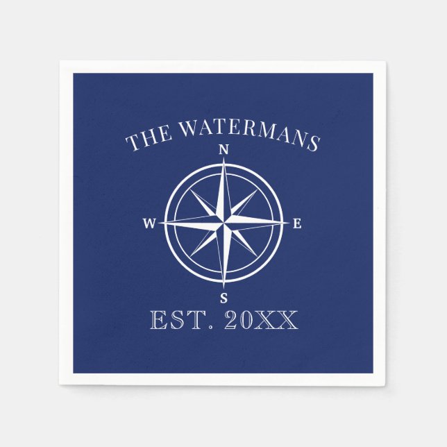Servilleta De Papel Nautical Compass Rosa Nombre Familia Navy Azul (Anverso)