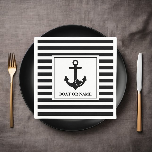 Servilleta De Papel Nautical Heart Anchor Boat Black White Strip (Subido por el creador)