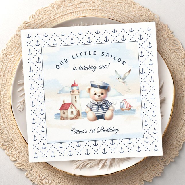 Servilleta De Papel Nautical Sailor Cute Bear Napkins Nacimiento (Nautical Sailor Cute Bear 1st Birthday Napkins)