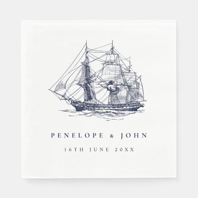 Servilleta De Papel Nautical Ship Illustration Destination Wedding (Anverso)