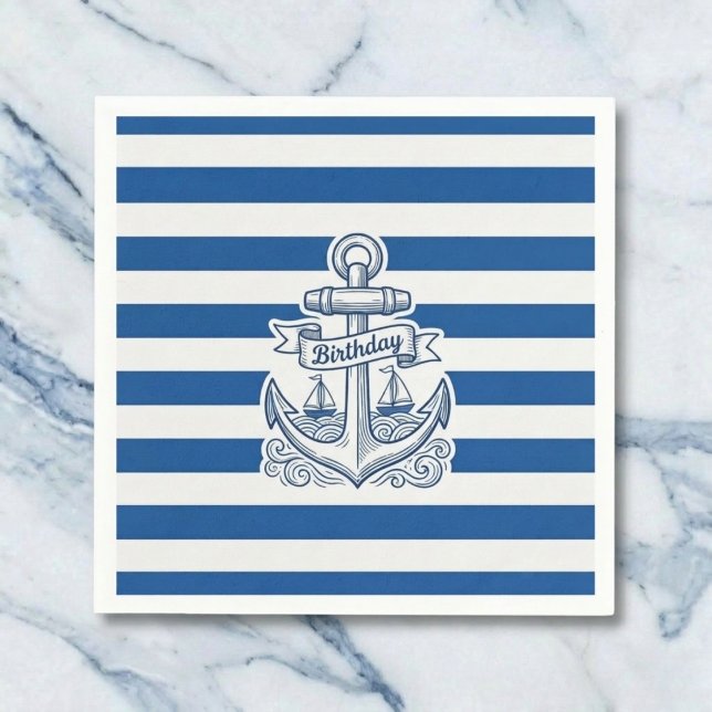 Servilleta De Papel Nautical Striped Anchor Birthday (Classic stripes for your celebration.)