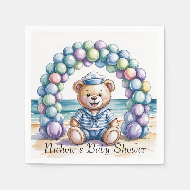 Servilleta De Papel Nautical Teddy Bear Beach Boy Baby Shower (Anverso)