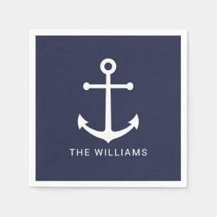 Servilleta De Papel Nautical White Anchor y nombre personalizado en az