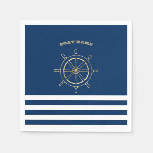Servilleta De Papel Náutico, Rueda de Barco Dorada, Rayas Azules Marin