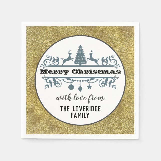 Servilleta De Papel Navidad Alegre Chic Negro Blanco Gris Brillo Dorad (Anverso)