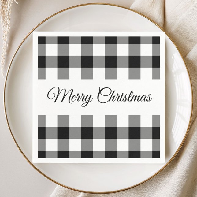 Servilleta De Papel Navidad Alegre Cuadro Rústico Negro Y Blanco (Rustic Black And White Plaid Merry Christmas Napkins
)