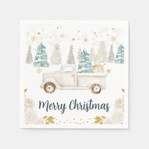 Servilleta De Papel Navidad Alegre Floral Camioneta Blanca y Dorada de