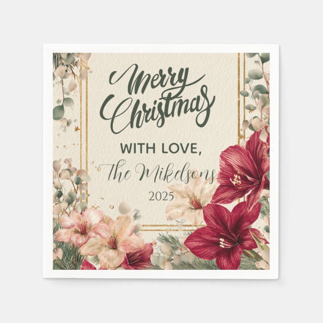 Servilleta De Papel Navidad con Amarilis Rojo Rústico (Anverso)