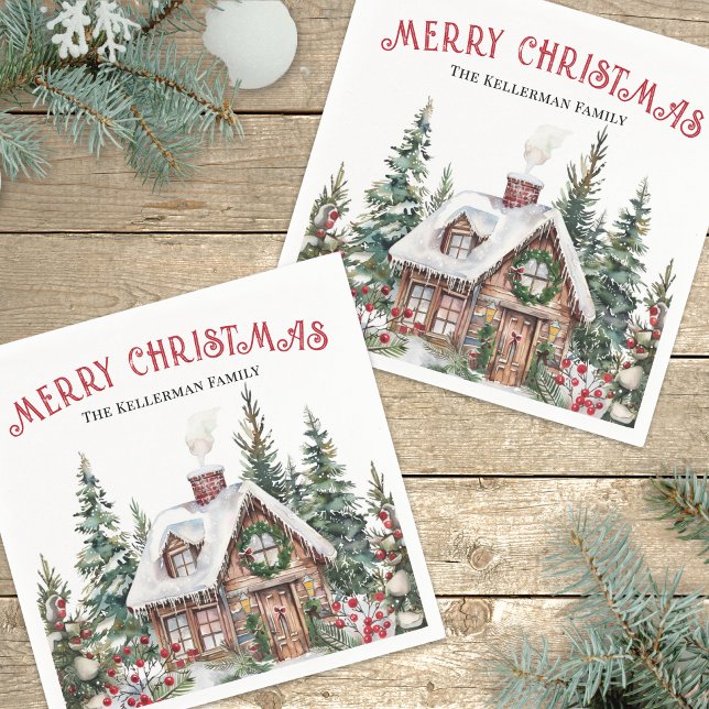 Servilleta De Papel Navidad de Invierno Personalizada (Festive Winter Watercolor Christmas Napkins)