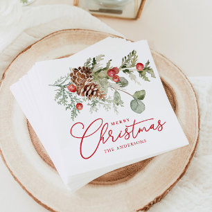 Servilleta De Papel Navidad Elegante con Bayas de Acebo y Piñas