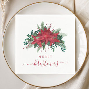 Servilleta De Papel Navidad Elegante Roja Poinsettia Floral Script