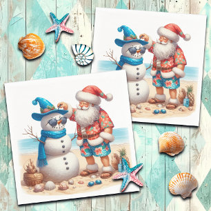 Servilleta De Papel Navidad en isla tropical con Santa y muñeco de nie