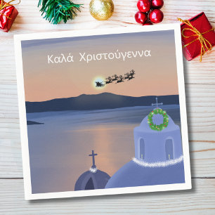 Servilleta De Papel Navidad En Santorini, Grecia Con Santa