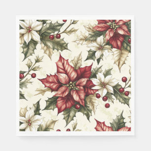 Servilleta De Papel Navidad Flor de Pascua Carmesí Crema Vintage