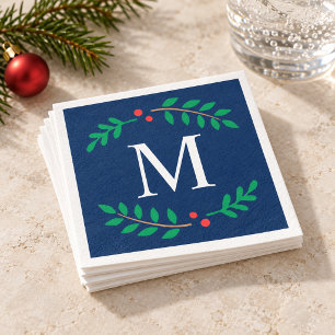 Servilleta De Papel Navidad Monograma Laurel Azul Marítimo Rústico