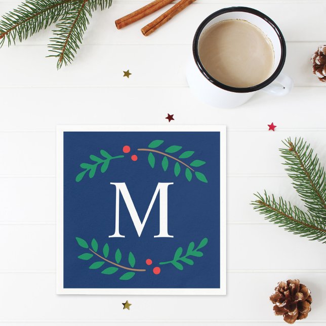 Servilleta De Papel Navidad Monograma Laurel Azul Marítimo Rústico (Subido por el creador)