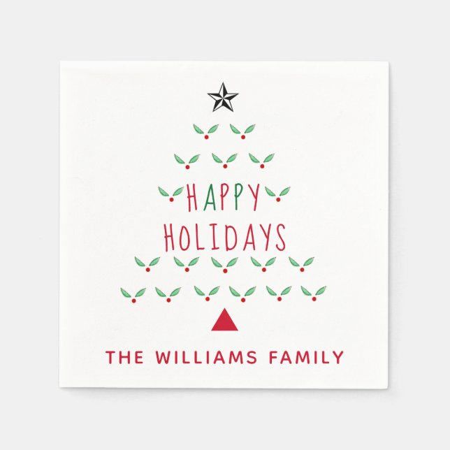 Servilleta De Papel Navidad Tree Holly Felices Fiestas Modernas (Anverso)