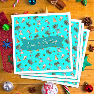 Servilleta De Papel Navidad Tropical Acuario Azul Mares y Saludos