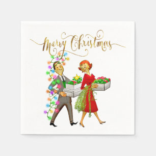 Servilleta De Papel Navidad Vintage Pareja Años 50 Feliz Navidad
