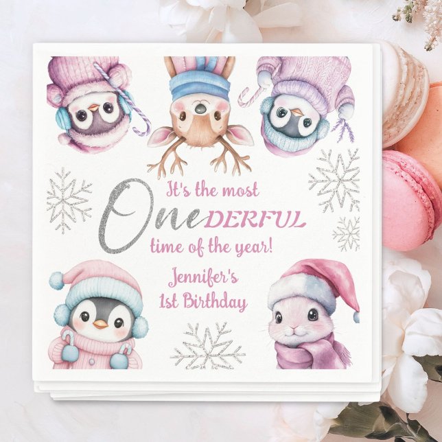 Servilleta De Papel Navidades 1er cumpleaños animales de invierno rosa (Subido por el creador)