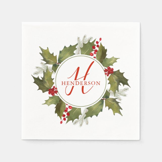 Servilleta De Papel Navidades acuarela Monograma Script Holly Wreath (Anverso)